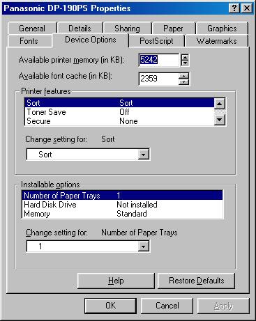Windows 98/Windows Me Device Options Tab (DP-180/190/1520P/1820P/1820E) Configuring the Printer Driver Settings Printer Section 1.