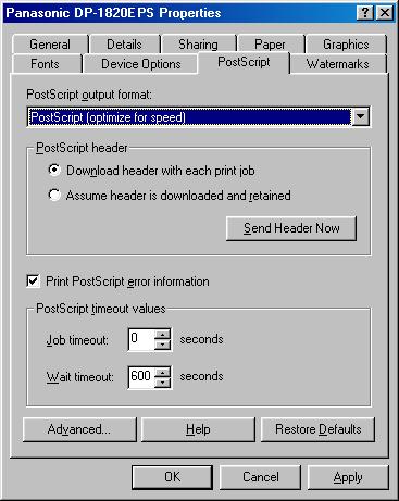Windows 98/Windows Me PostScript Tab Configuring the Printer Driver Settings Printer Section 1. PostScript output format Specifies the format for the PostScript files.