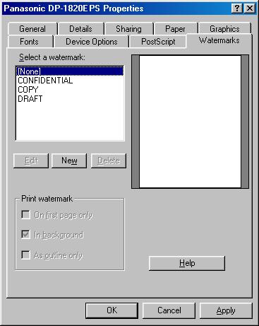 Configuring the Printer Driver Settings Windows 98/Windows Me Watermarks Tab 1. Select a watermark Lists and displays the available watermark definitions.
