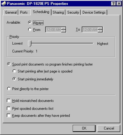Windows NT 4.0 (Administrator) Scheduling Tab Configuring the Printer Driver Settings Printer Section 1. Available Schedules when the printer is available for operation.