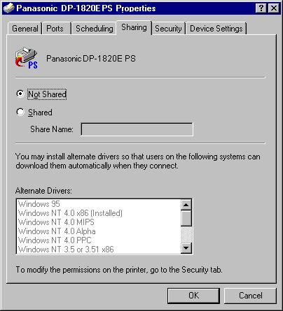 Configuring the Printer Driver Settings Windows NT 4.0 (Administrator) Sharing Tab 1. Not Shared/Shared Select whether to display or share this printer with other computers. 2.