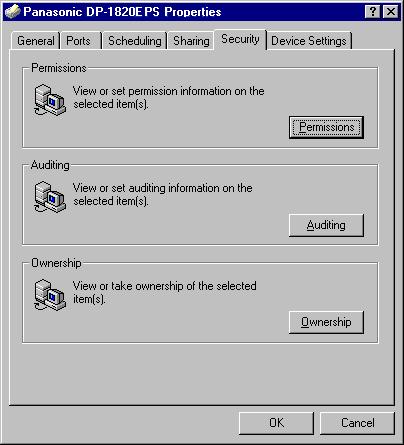 Windows NT 4.0 (Administrator) Security Tab Configuring the Printer Driver Settings Printer Section 1. Permissions button Set printer access privileges. 2.