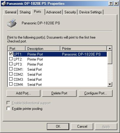 Configuring the Printer Driver Settings Windows 2000/Windows XP/Windows Server 2003 (Administrator) Ports Tab 1.