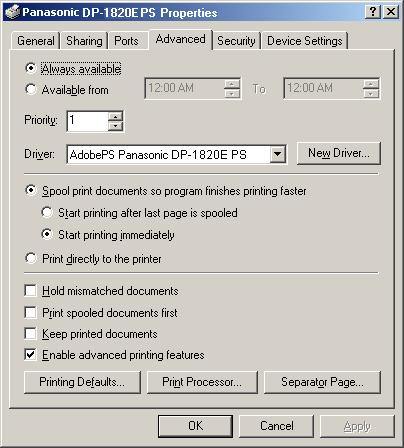 Configuring the Printer Driver Settings Windows 2000/Windows XP/Windows Server 2003 (Administrator) Advanced Tab Printer Section 1.