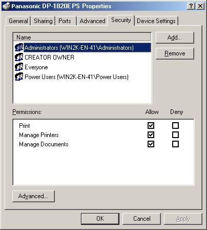 Configuring the Printer Driver Settings Windows 2000/Windows XP/Windows Server 2003 (Administrator) Security Tab Printer Section Displays a list of users and groups to whom printer access is assigned