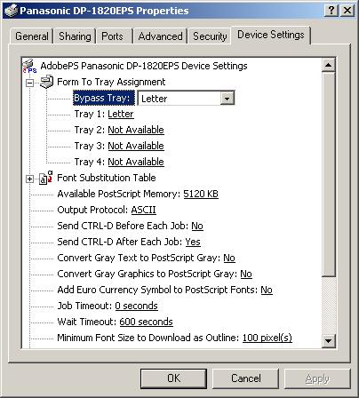 Configuring the Printer Driver Settings Windows 2000/Windows XP/Windows Server 2003 (Administrator) Device Settings Tab (DP-180/190/1520P/1820P/1820E) Specifies the following printer settings and