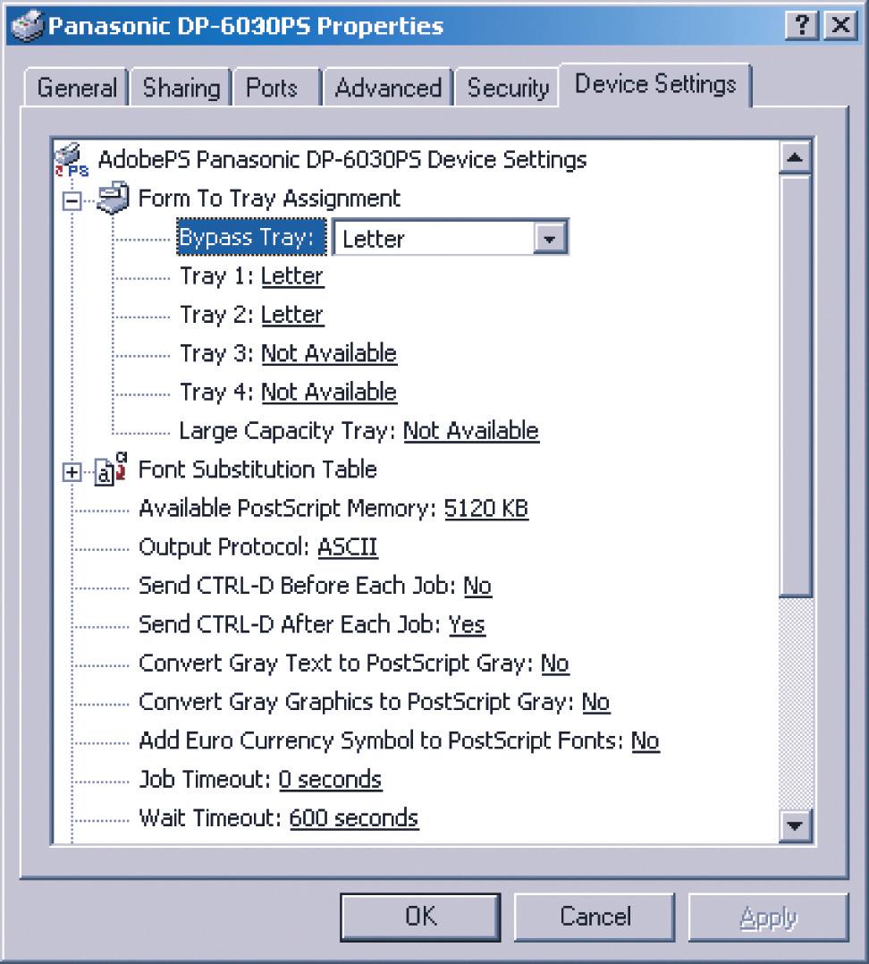 Configuring the Printer Driver Settings Windows 2000/Windows XP/Windows Server 2003 (Administrator) Device Settings Tab (DP-2330/3030/3530/4530/6030) Specifies the following printer settings and