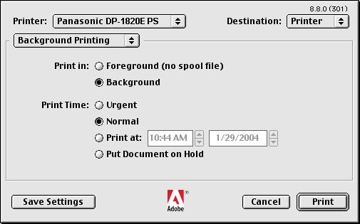 Configuring the Printer Driver Settings (Macintosh) Mac OS 8.6/9.x Background Printing Menu 1. Print in Select Foreground or Background printing.