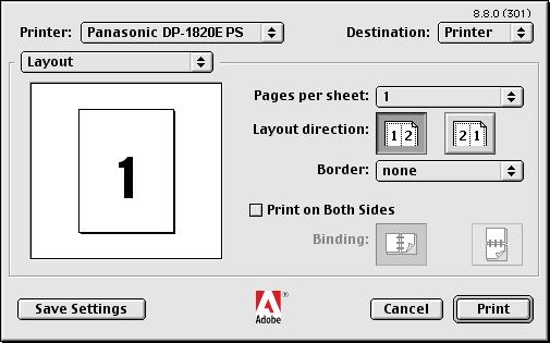 Configuring the Printer Driver Settings (Macintosh) Mac OS 8.6/9.x Layout Menu Printer Section 1. Pages per sheet Specify the number for printing multiple documents on a single sheet of paper.