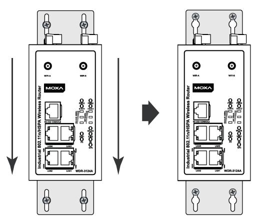 STEP 1: Remove the aluminum DIN-rail attachment plate from the WDR-3124A, and then attach the wall mount plates with M3 screws, as shown in the adjacent diagram.