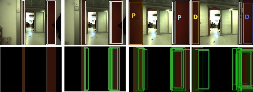 Green rectangles for the bottom images represent the time correspondence for each blob in the last frames. Fig. 6. Door detection for four consecutive frames.