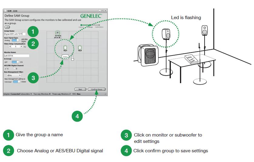 Genelec Loudspeaker Manager (GLM) 2.0 - System Operating Manual page 19 of 55 Creating a SAM Monitor Group A SAM monitoring group is a set of monitors and subwoofers that reproduce audio together.