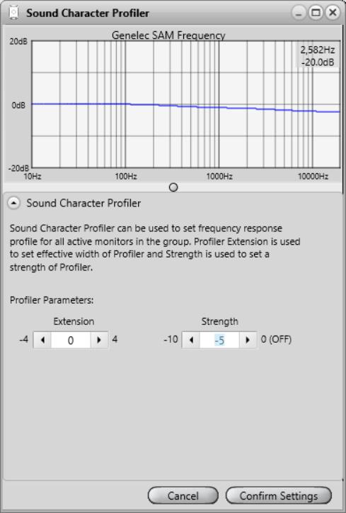 Genelec Loudspeaker Manager (GLM) 2.0 - System Operating Manual page 45 of 55 Sound Character Profiler tool If you feel the overall spectral balance of your system needs adjustment, i.e. making it generally darker or brighter, the Sound Character Profiler found in the Group pull-down menu is a quick place to start.