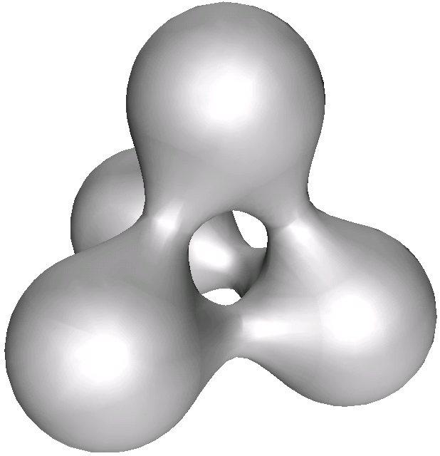 Figure 6: A skin surface, the coarse mesh, the mesh after one subdivision step and Chew s algorithm applied to the mesh. Figure 7: The coarse mesh of a molecule from the front and from the side.