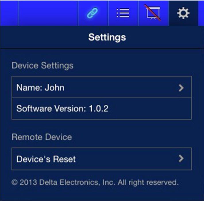 Option Description To perform a Reset: First touch the tab and touch the arrow of Device Reset.