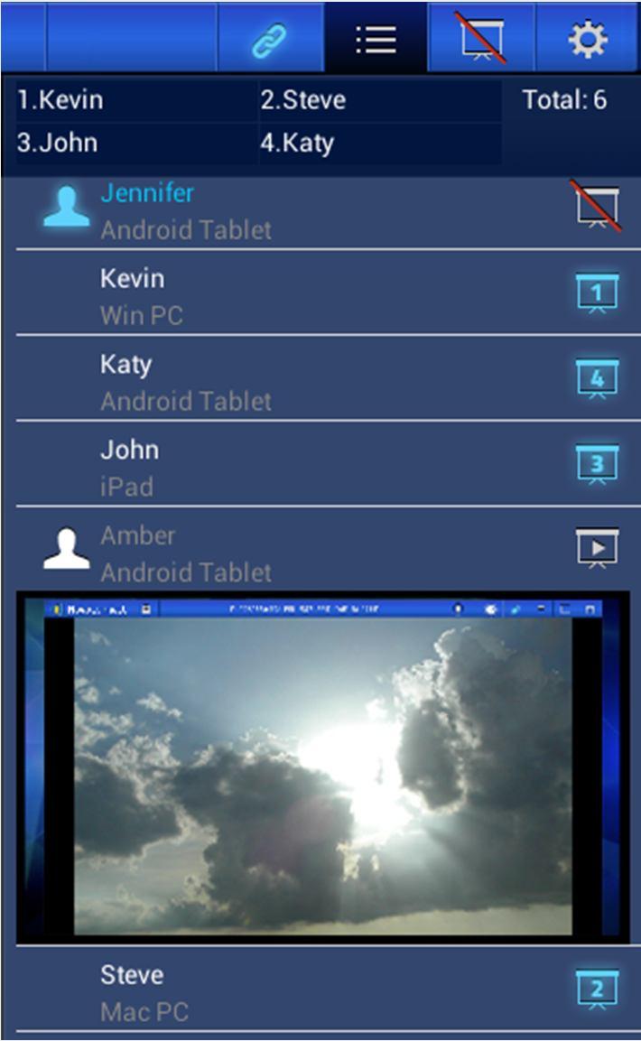 To perform Screen Preview: Touch the tab to show the participant list. *The participant Amber (example name) does not have a icon, indicating that she allows screen preview.