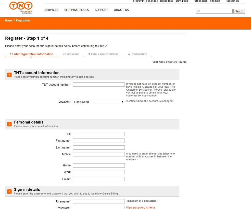 registration Hong Kong Registering for Online Billing is quick and easy Go to www.tnt.com.