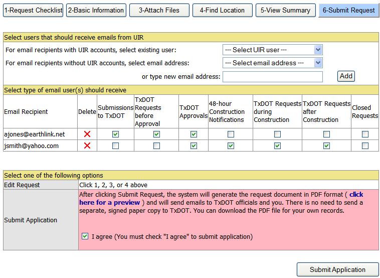 Submit Request This step involves generating the installation request document in PDF format and officially submitting the request to TxDOT. Figure 12. Installation Owner User Interface.
