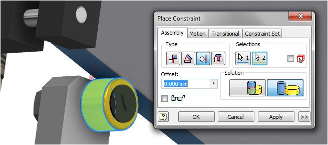 On the Place Constraint dialog box set the following options Type: Tangent Solution: Outside Pick the face shown