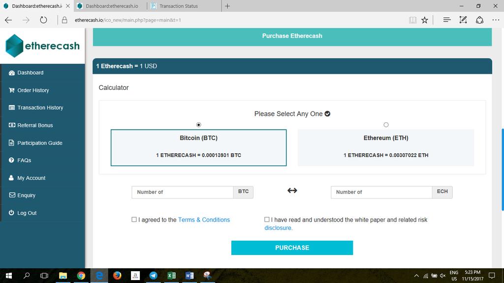 2) Choose BTC tab and enter the value (In terms of BTC) for which you want to purchase Etherecash or you can put no.