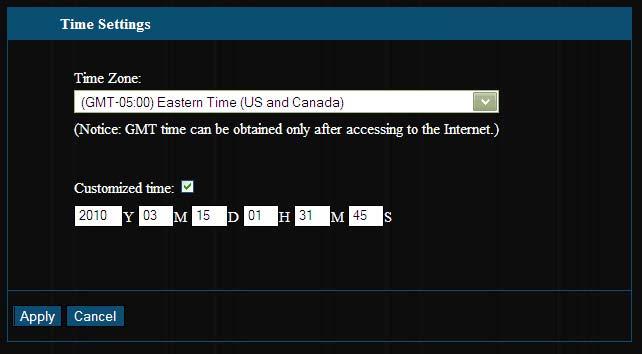Chapter 12 System Tools 12.1 Time Settings This section is to select the time zone for your location. If you turn off the Router, the settings for time disappear.