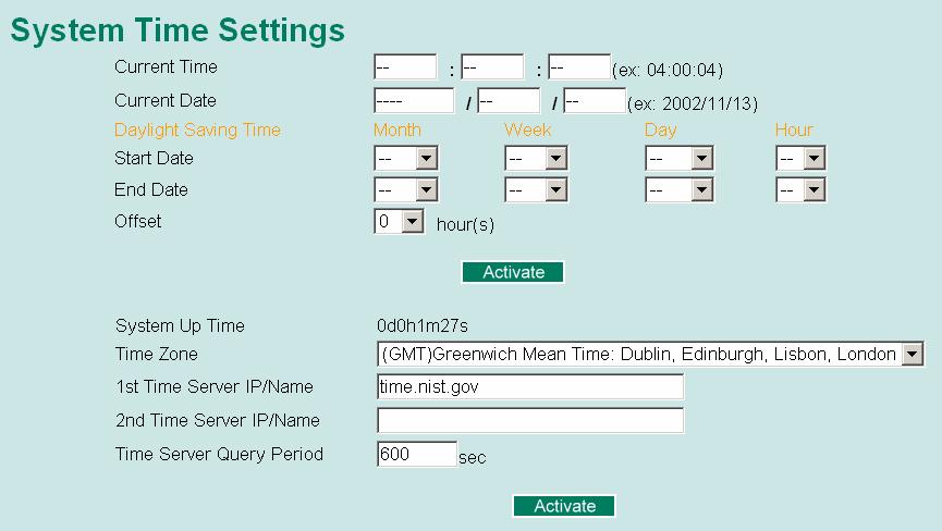 Time The Time configuration page lets users set the time, date, and other settings. An explanation of each setting is given below the figure.