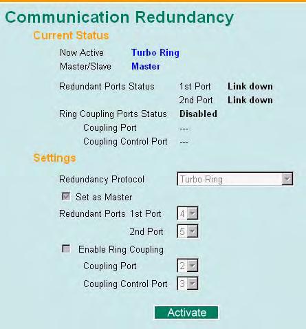 Coupling Mode Dual Homing Ring Coupling (backup) Ring Coupling (primary) Select this item to change to the Dual Homing configuration page Select this item to change to the Ring Coupling (backup)