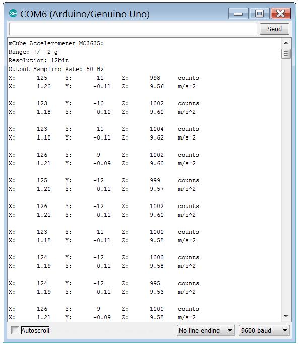 You will see the output from the serial terminal showing the current range scale and resolution of the sensor in the first three lines followed by two lines of output sensor data at some output data