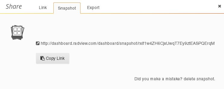 Figure 54: Share Dashboard window Snapshot Link 6. Send the link to those with whom you want to share a snapshot of the dashboard.