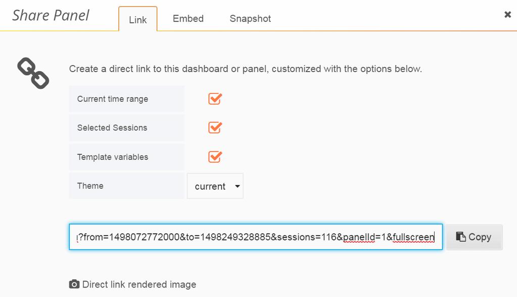 To access the panel sharing options: 1. Optionally select a specific time range in the panel. Refer to Changing the Span (on page 26). 2. Click the panel s title and select share.