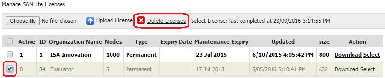 To delete licenses from the list of licenses select the desired licenses using the check boxes as