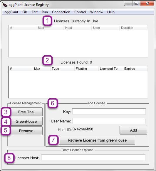 License management options are available in the eggplant License Registry panel 1. Licenses Currently In Use: This section displays information about any licenses currently in use on your network. 2.