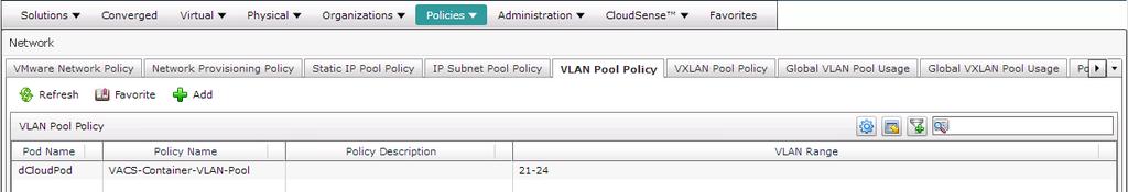 The container s inside VLAN ID pool is defined in this table. Figure 11. VLAN Pool Policy 2.
