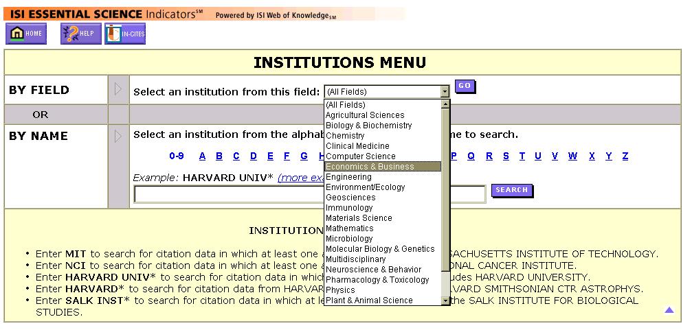 Citation Rankings by Field To see a list of the most cited institutions in a particular field of study, select from the pull down menu and click GO.