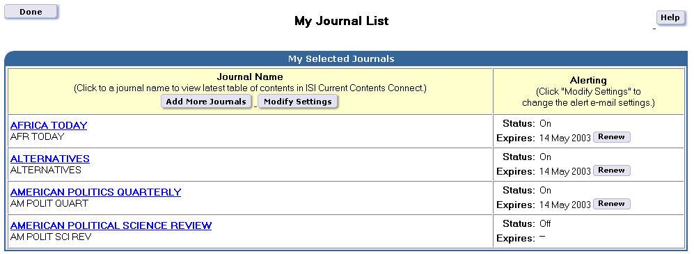 Click Modify Settings to make changes to journal display, to turn alerting on or off, or to change alerting