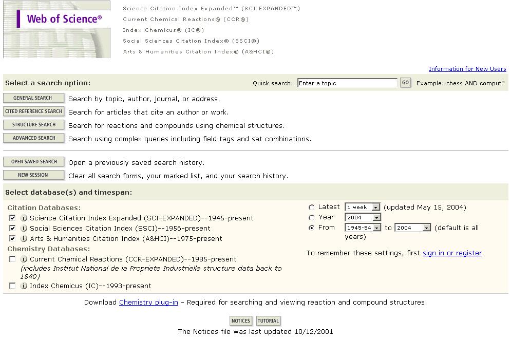 Database Selection and File Depth Select search types here. You may perform a topic search from the Quick Search field. All available citation databases are selected as the default.