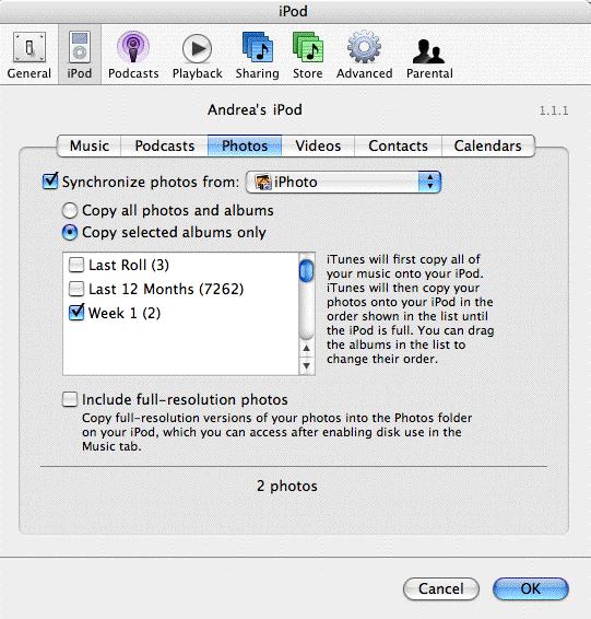 4. Select the Synchronize photos from: checkbox and choose iphoto. 5. Choose whether you want all your photos and albums copied to the ipod, or just selected albums. 6.