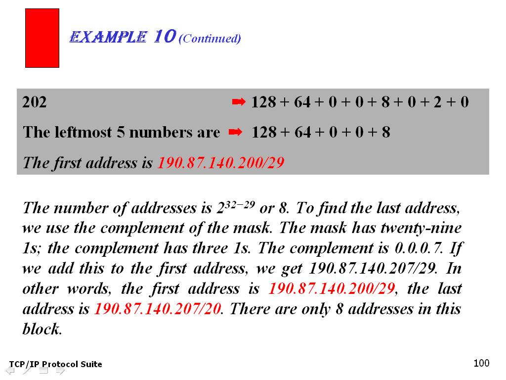 Example 9 Example 9 (Continued) Using the second method, find the last address in the block if one of the addresses is 140.120.84.24/20. The mask has twenty 1s and twelve 0s.