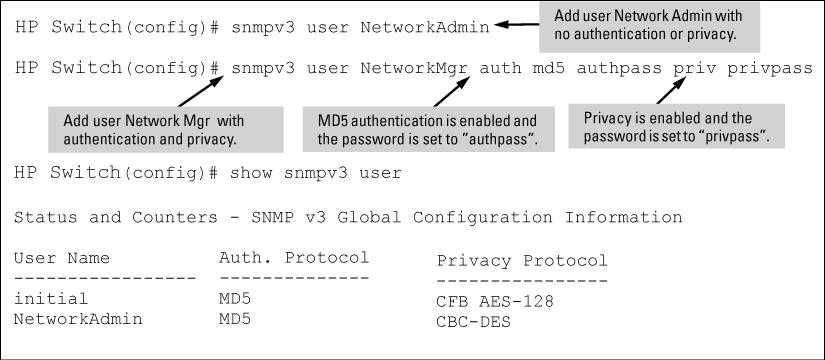 Figure 22 Adding SNMPv3 users and displaying SNMPv3 configuration SNMPv3 user commands Listing Users [no] snmpv3 user <user_name> Adds or deletes a user entry for SNMPv3.