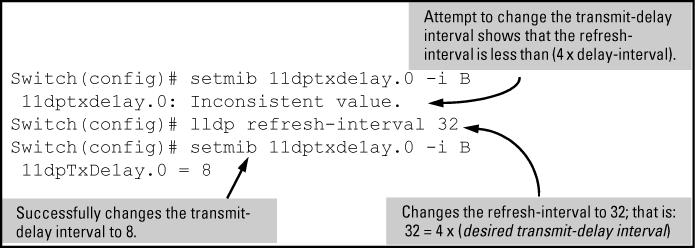 Changing the delay interval between advertisements generated by value or status changes to the LLDP MIB (CLI) setmib lldptxdelay.