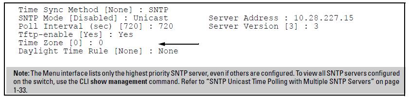 NOTE: Using the menu to enter the IP address for an SNTP server when the switch already has one or more SNTP servers configured, the switch deletes the primary SNTP server from the server list.