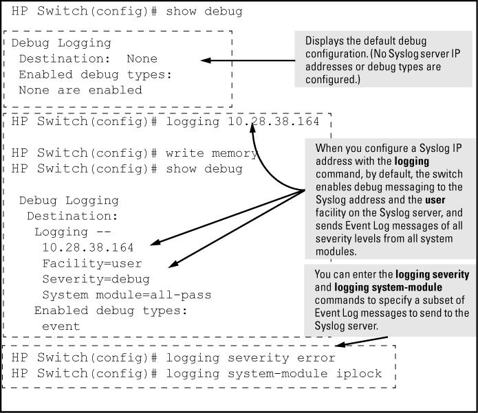 Figure 56 Syslog configuration to receive event log messages from specified system module and severity levels Example: As shown at the top of Figure 56 (page 260), if you enter the show debug command