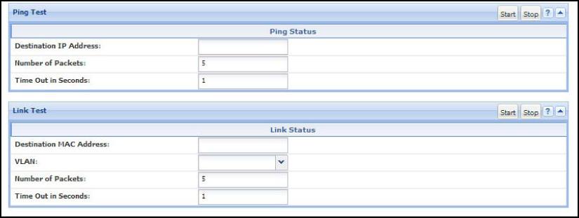 Figure 58 Ping test and link test screen on the WebAgent Destination IP Address is the network address of the target, or destination, device to which you want to test a connection with the switch.