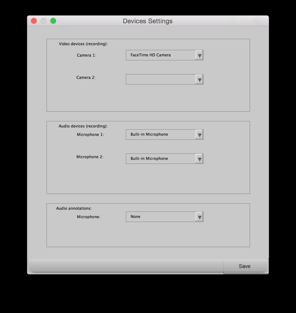 Figure 3 - Device Settings You can also change configurations such as resolution, frames per second, quality, etc. Warning: As of now encoding video and audio quality are not implemented yet.