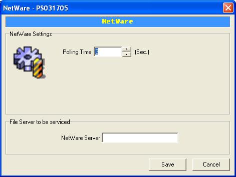 7.7 Netware Print Server Configuration Double Click NetWare icon and the NetWare configuration window will pop-up. This print server supports NetWare Bindery Printing method.