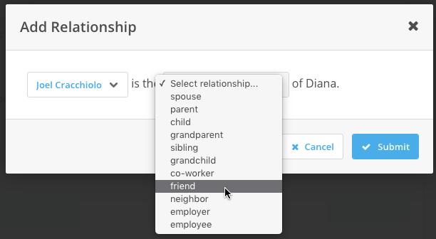 To add a new relationship: 1. Click Add within the Relationships section (you may also click Add New from the top of the Interactions section of the record) 2.