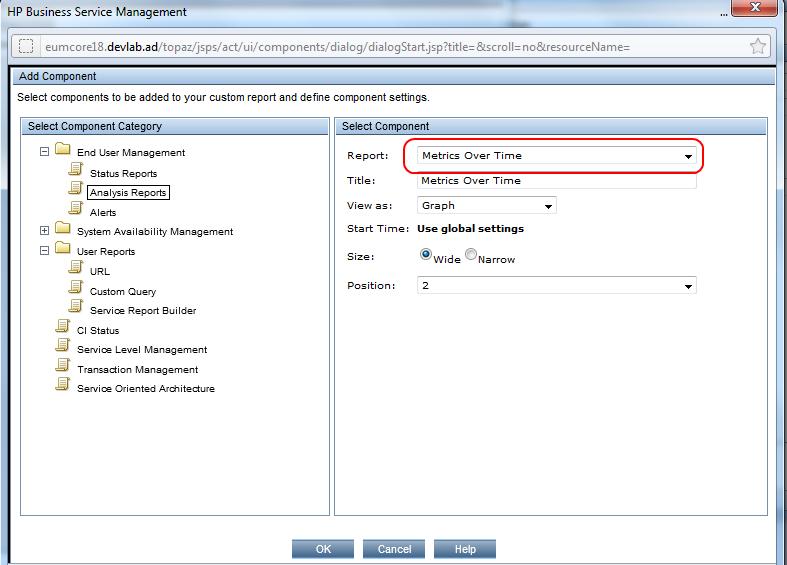 Chapter 8: Viewing Data in BSM 8. From the Report drop down list, select BPM Performance Overtime By Transaction. 9. Click OK. 10. In the Report Components page, click. The Add Component page appears.