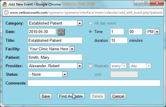 This will present you with the same 'Add New Event' dialog used earlier. This time Established Patient is selected as the Category.