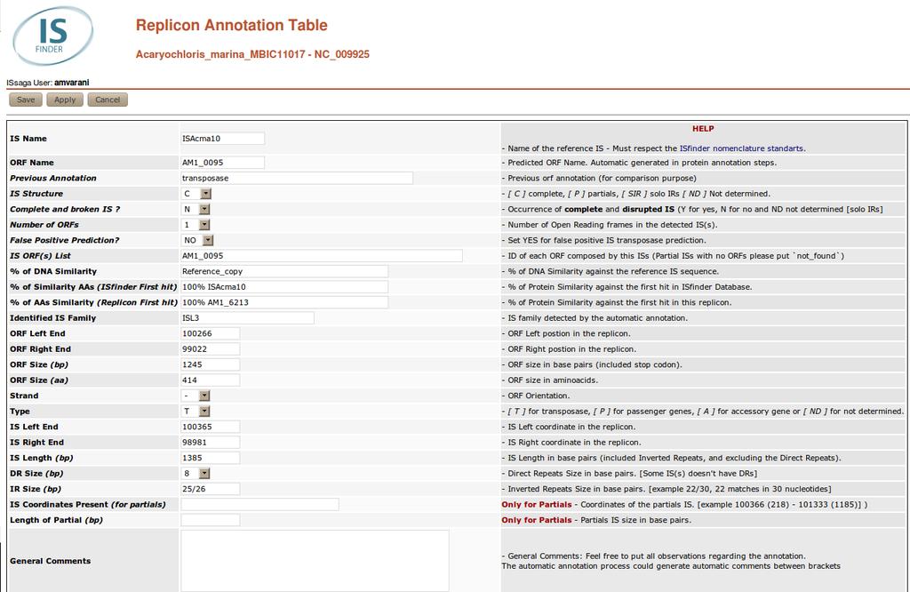 Figure 3.6. Annotation Table with editable fields. 3.3.2. Add a new IS Clicking on the button Add IS (upper figure 3.