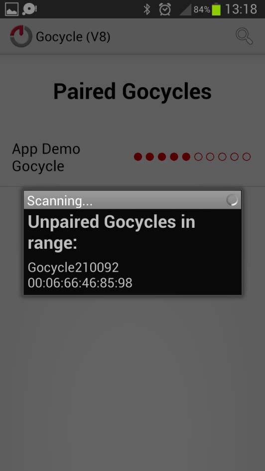 2. REGISTERING YOUR ANDROID APP 2.1 To connect to your Gocycle, first search for a Gocycle within range by clicking on the symbol. 2.2 The Gocycle Connect App will begin scanning for a Gocycle within range.